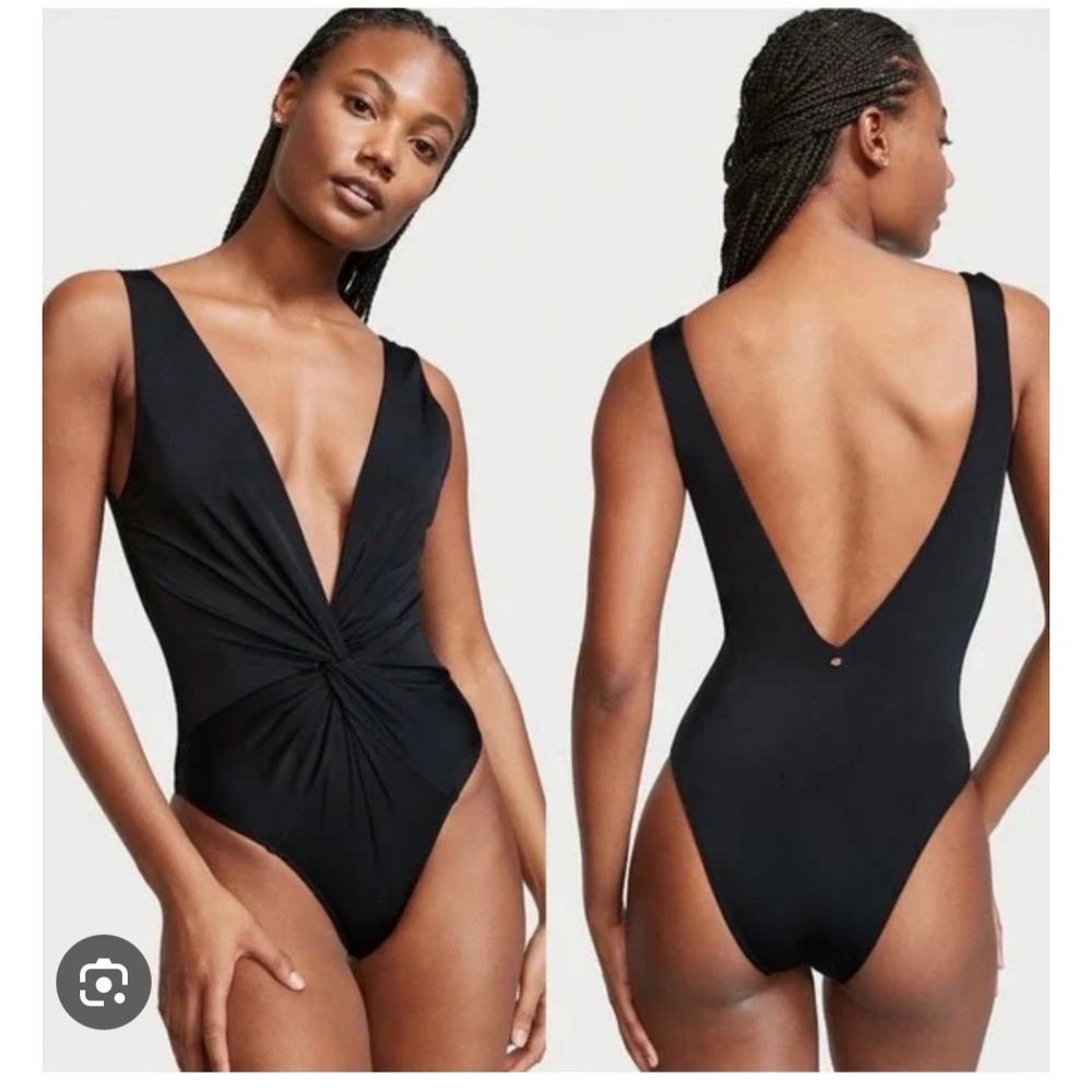 Victoria's Secret Twist Plunge One Piece Swimsuit‎ Women LG Black Deep V-Neck